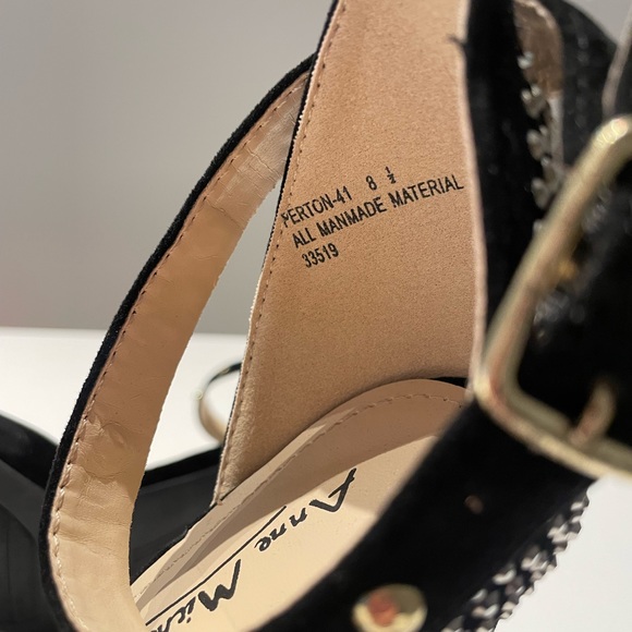 Black Vegan Suede Heeled Sandals with Rhinestone Detail - Picture 7 of 9